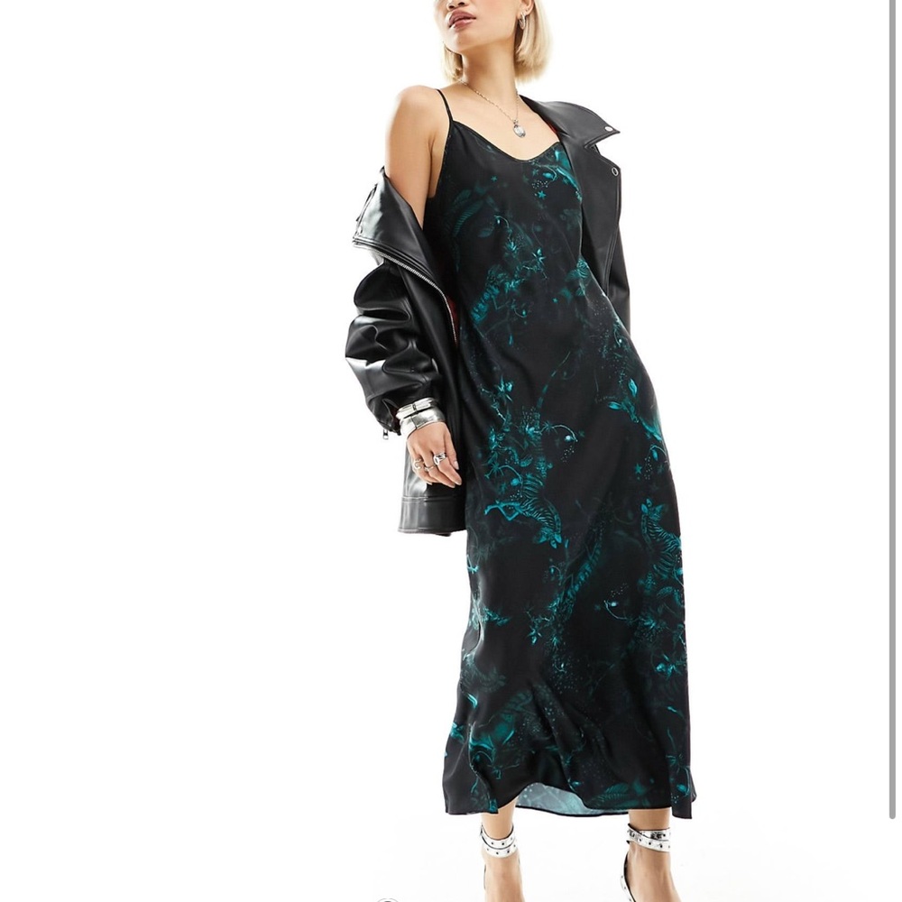 AllSaints Bryony Cosmic midi slip dress in green